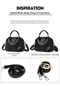 Detail der schwarzen Handtasche aus Leder mit schmalem und breitem besticktem Schultergurt