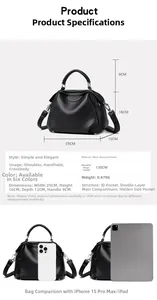 Detaillierte Größenangaben und Struktur der schwarzen Leder-Muscheltasche mit Gurten