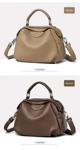 Nahaufnahme der Muscheltaschen aus Litschileder mit Griff und Schultergurt in Khaki und Braun