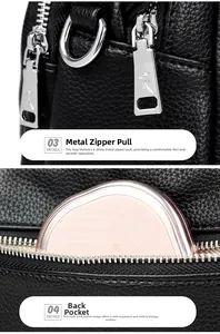 Nahaufnahme von silbernem Vogel-Logo-Reißverschluss und Rücktasche an schwarzer Handtasche