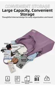 Detailed top view of purple nylon tote bag showcasing large capacity and organized compartments