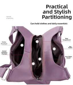 Internal view of purple waterproof nylon bag showing multiple compartments and metal zippers