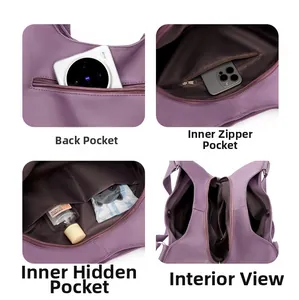 Detailed interior view of waterproof nylon handbag with multiple organized zipper pockets