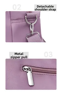 Detail of detachable shoulder strap with silver hooks and smooth metal zipper on purple bag