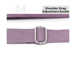 Detail of adjustable purple nylon shoulder strap with silver metal buckle for tote bags