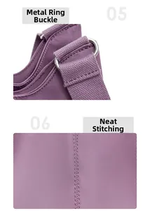 Detail of durable purple nylon fabric with silver metal rings and precise stitching craftsmanship