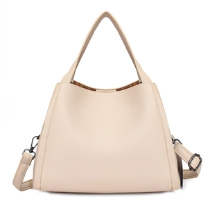 Beige lychee pattern bucket bag with top handles and adjustable shoulder strap for women
