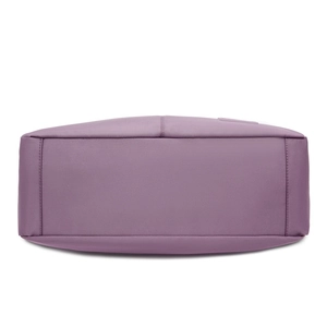 Bottom view of large lavender nylon tote showing durable stitching and wide base structure