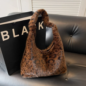 Sac À Épaule En Peluche Fausse Fourrure Imprimé Léopard Grande Capacité Sac Hobo Femme Automne Hiver Rétro Mode
