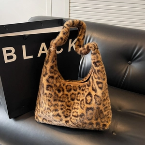 Sac bandoulière hobo élégant en peluche imprimé léopard avec grande capacité
