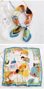 Detail of a square silk scarf featuring vibrant kitchen scene illustrations and blue edges