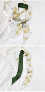 Detailed views of double-sided skinny silk scarf with green satin and ginkgo leaf print
