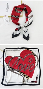 Detail of square silk scarf with red heart and Love script in tied and flat views