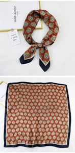 Detail view of red paisley silk scarf showing tied style and flat layout display