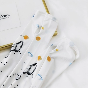 White ice silk cooling arm sleeves with cartoon space patterns and thumb holes