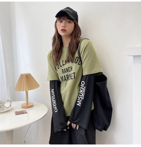 Detail of army green layered long sleeve tee with Hollywood print and white arm lettering