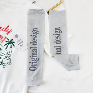 Detail of light gray cooling ice silk arm sleeves with thumb holes and slogan print