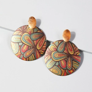 Boucles D'oreilles Pendantes Rondes Bohème Femmes Alliage De Zinc Imprimé Coloré Géométrique Rétro Bijoux En Métal Brossé