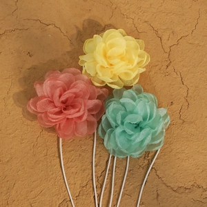 Three-color 3D camellia flower necklaces with sheer fabric petals and long lace-up ribbons