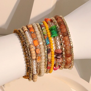 Bohemian multilayer beaded bracelet set with natural stones and gold-tone accents