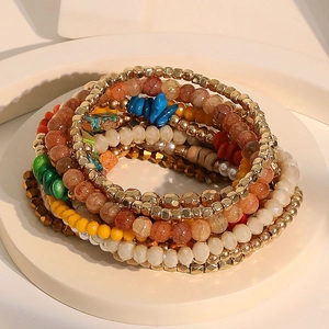 Bohemian multilayer beaded bracelet set with colorful stones and gold metal accents