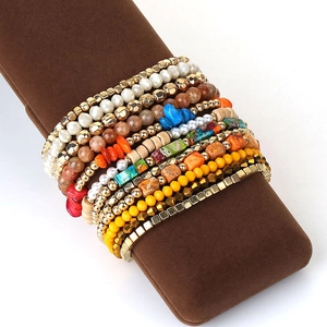 Detail view of 12-piece Bohemian stretch beaded bracelet set with multi-color stones