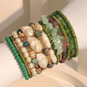 Bracelets Perlés Superposés Bohémiens Avec Künstliche Perle D'imitation Pierre Naturelle Bois Résine Métal Vert Forêt Bijoux Ethniques
