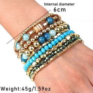 Detail of 9-piece blue bohemian beaded bracelet set showing dimensions and materials