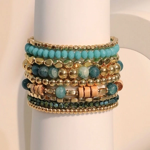 Bohemian blue beaded multi-layer bracelet set with gold metal and marble beads