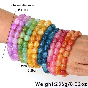 Detail of crackle glass bead bracelets showing 6cm inner diameter and bead size specs