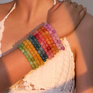 Rainbow cracked glass bead bracelet set for women with colorful layered beaded jewelry style