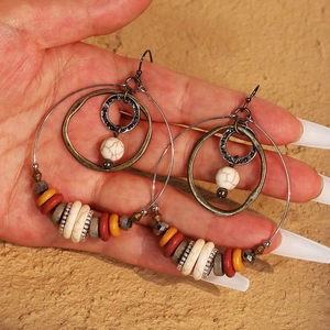 Bohemian large hoop earrings with colorful beads and marble stones in vintage ethnic style