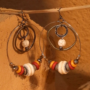 Bohemian Hoop Dangle Earrings For Women Handmade Wood Beads Stainless Steel Alloy Ethnic Vintage Jewelry