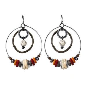 Bohemian large hoop earrings with earthy multi-colored beads and marble texture