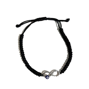 Infinity symbol and evil eye charm on black cord handmade woven beach bracelet