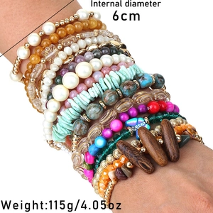 Detail view of colorful bohemian stacked beads bracelets with 6cm internal diameter size