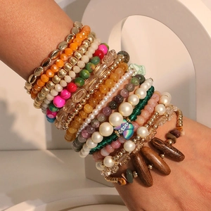 16Pcs Bohemian stretch beaded bracelet set with gold metal, pearl and colorful stone beads