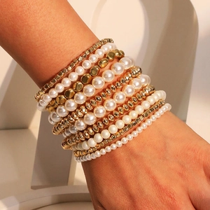 Fashionable multilayer faux pearl and gold bead bracelet set for women styling