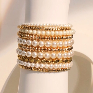 Imitation Artificial Pearl Beaded Multilayer Bracelets Elastic Fashion Bohemian Elegant White Gold Jewelry For Women