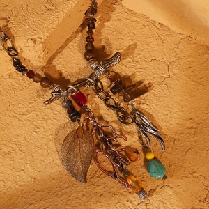 Bohemian multilayer fringe necklace with turquoise beads and vintage metal leaves