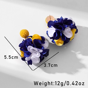 Handmade fabric flower cluster earrings in blue and yellow with size and weight specs