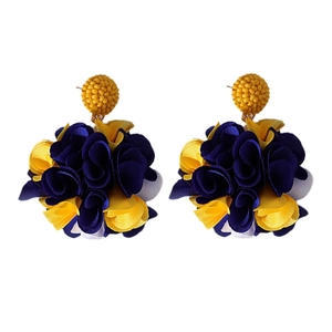 Bohemian style handmade fabric flower drop earrings in vibrant blue and yellow colors