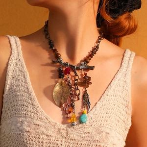 Bohemian Long Necklace With Alloy Leaf Branch Pendant Turquoise And Wood Beads Retro Ethnic Style For Women