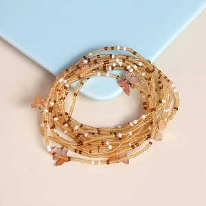 Bohemian multilayer beaded necklace and waist chain with gold metal butterfly pendants