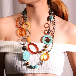 Long Sweater Chain Necklace Bohemian Retro Turquoise Resin Wood Bead Alloy Multi Layer Geometric Vintage Jewelry For Women