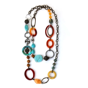 Bohemian multilayer long necklace with turquoise stones and resin rings on bronze chain