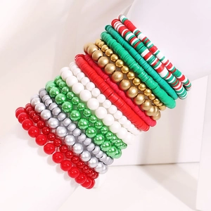 Lot de 16 bracelets de Noël en argile polymère avec perles rouges vertes et dorées