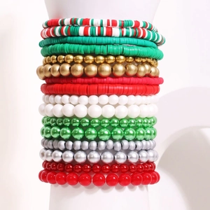 Lot de 16 bracelets de Noël en argile polymère avec perles rouges, vertes et dorées