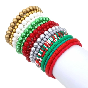 Lot de 16 bracelets de Noël avec perles Heishi rouges et vertes et perles nacrées