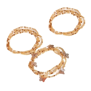 Three-piece layered handmade seed bead bracelet set with rose gold butterfly pendants